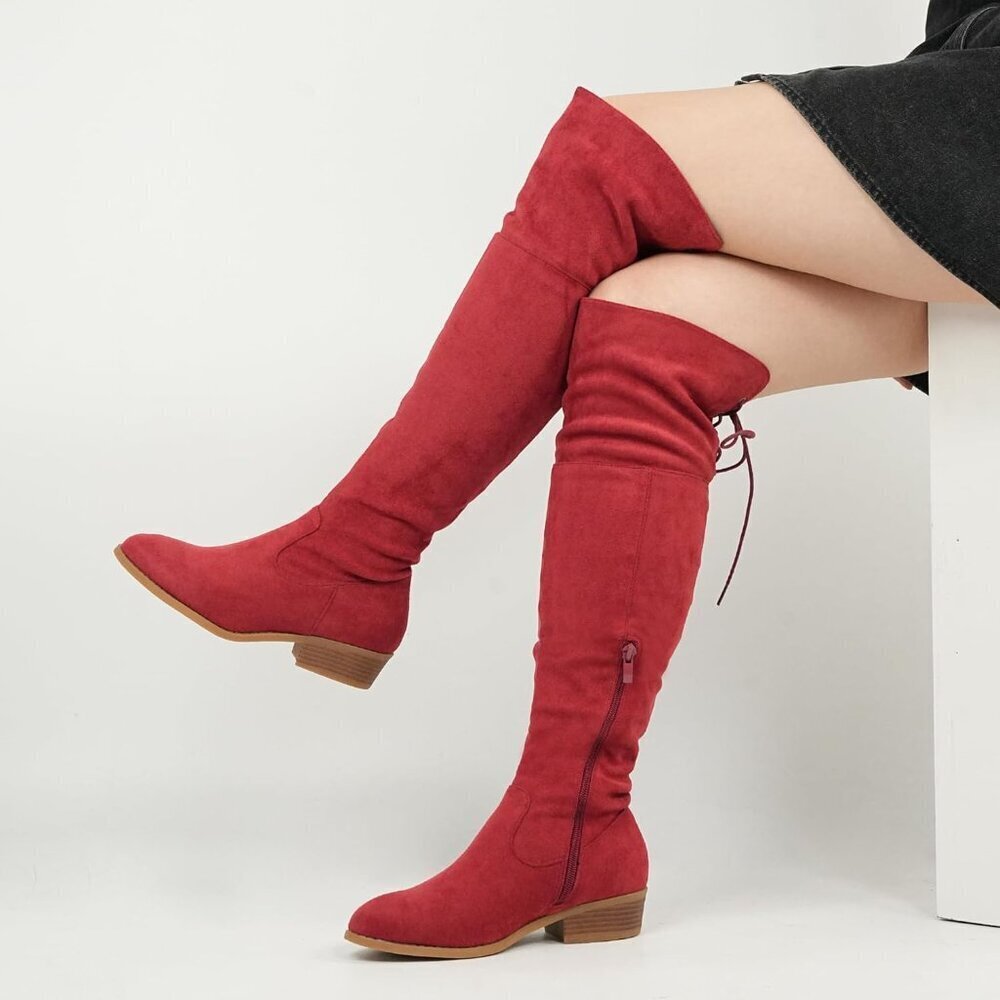 Hawkwell Women's Red Low Flat Heel Thigh High Over The Knee Fashion Boots - Picture 2 of 6